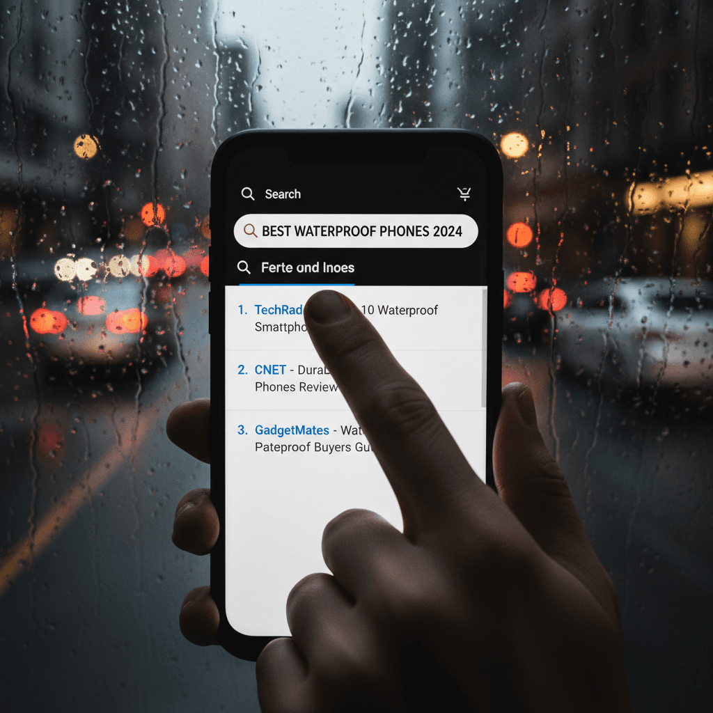 Hand hovering over search result on smartphone screen