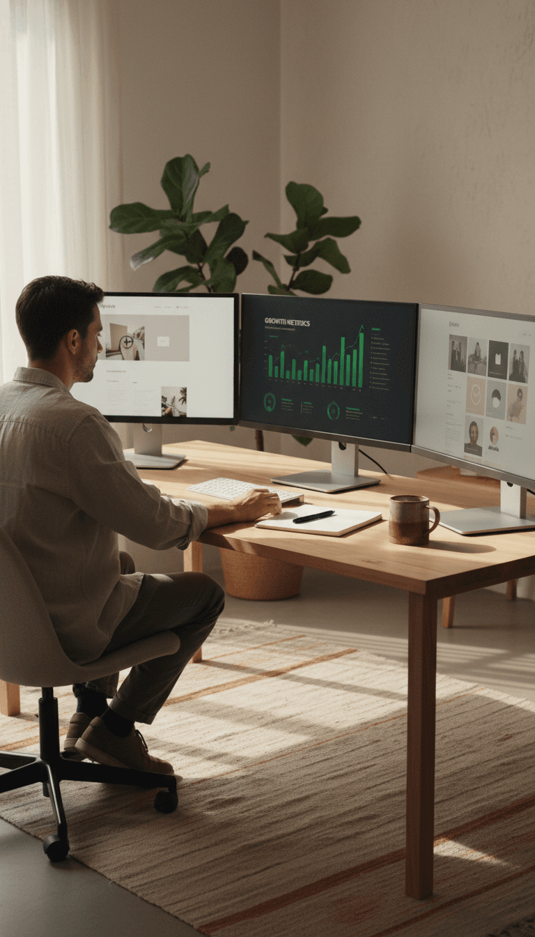 Digital marketing professional working at desk with analytics and design tools