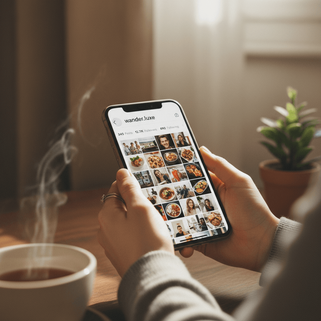 Two hands holding a smartphone showing a social media profile