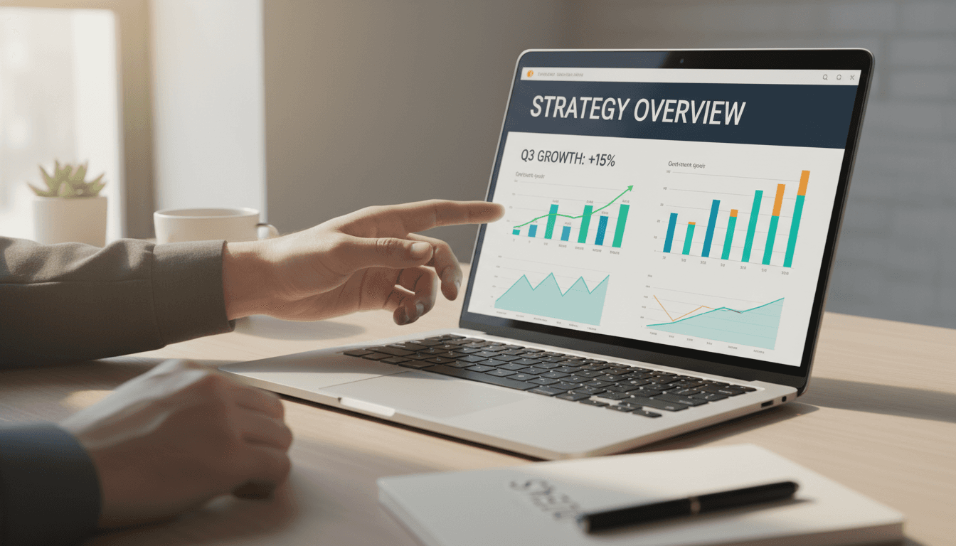 Laptop screen showing marketing analytics and growth data with hand gesturing toward key metrics