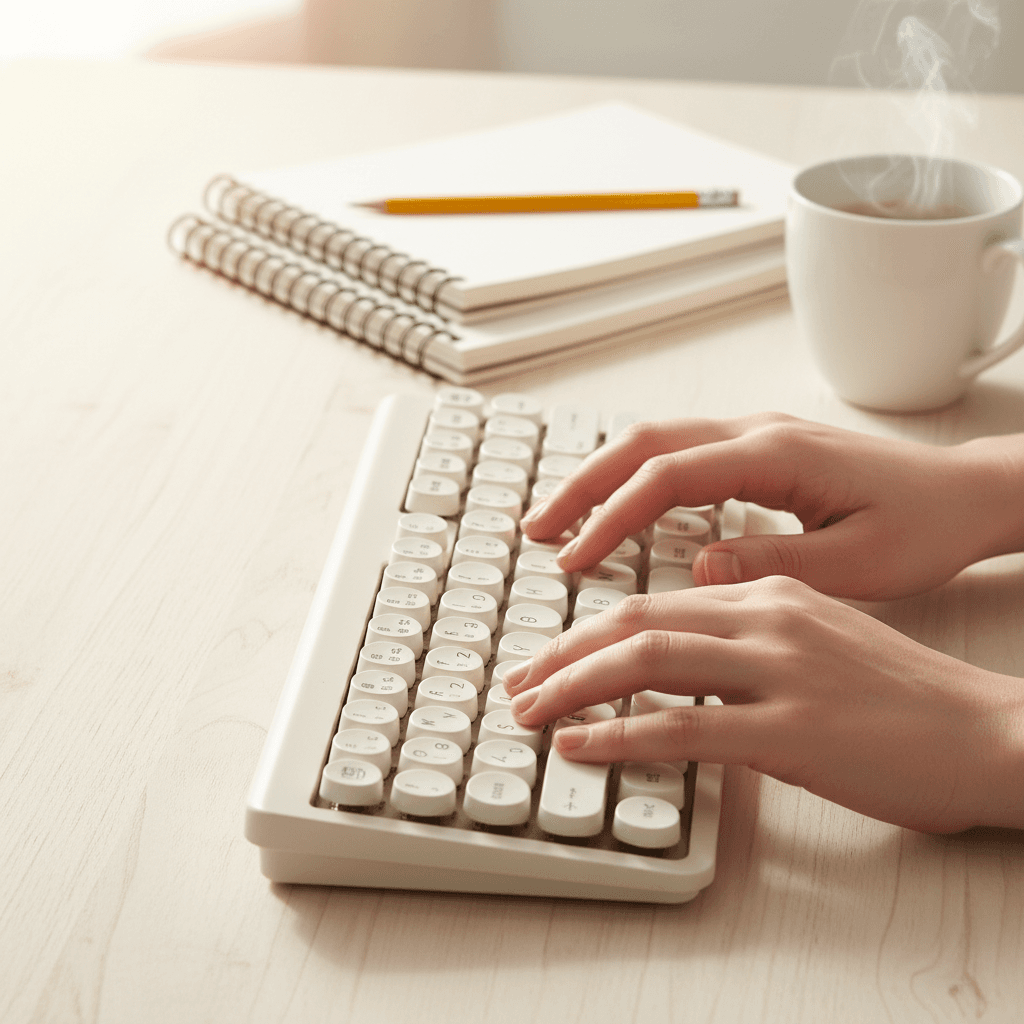 Hands typing on a vintage keyboard