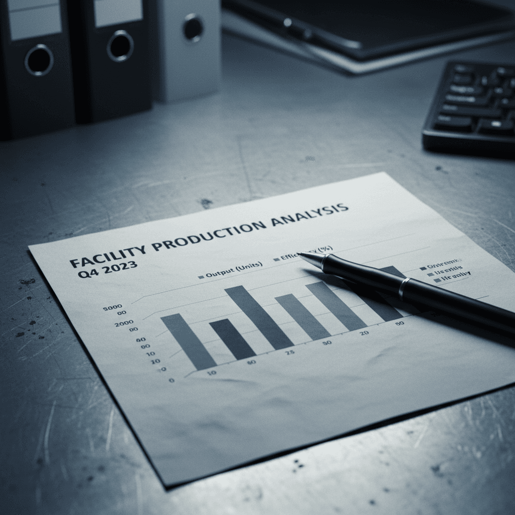 Printed report on a desk with a pen resting on a chart